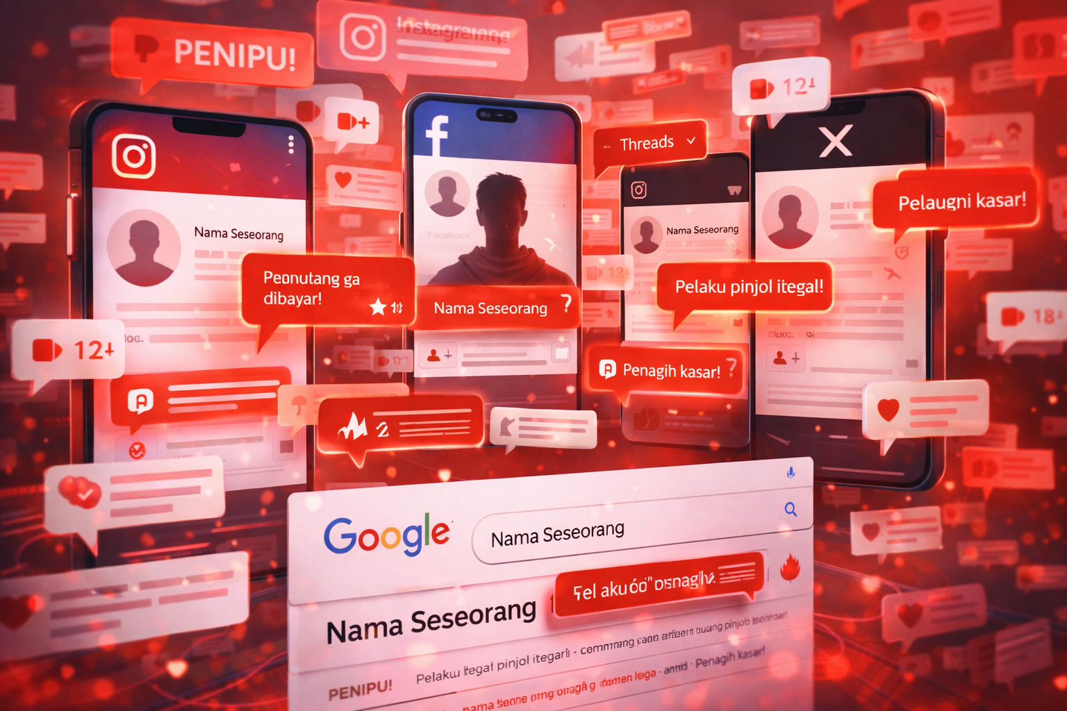 ilustrasi komentar negatif pinjol ilegal di media sosial dan pencarian google