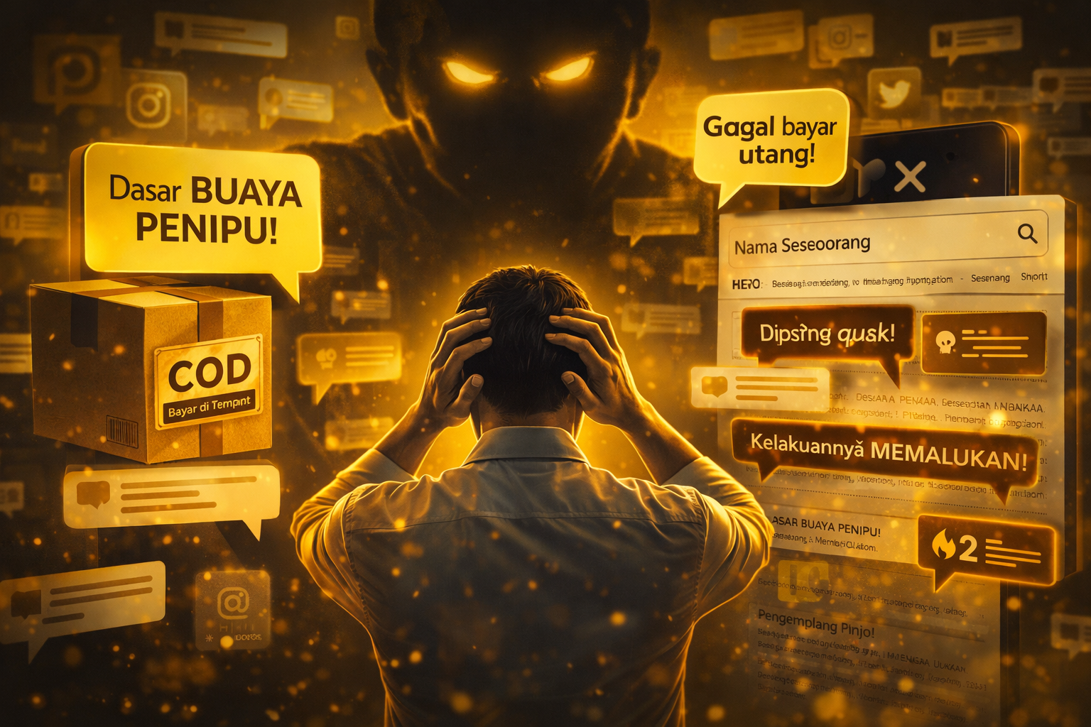 ilustrasi teror pinjol dan penyebaran reputasi buruk di internet