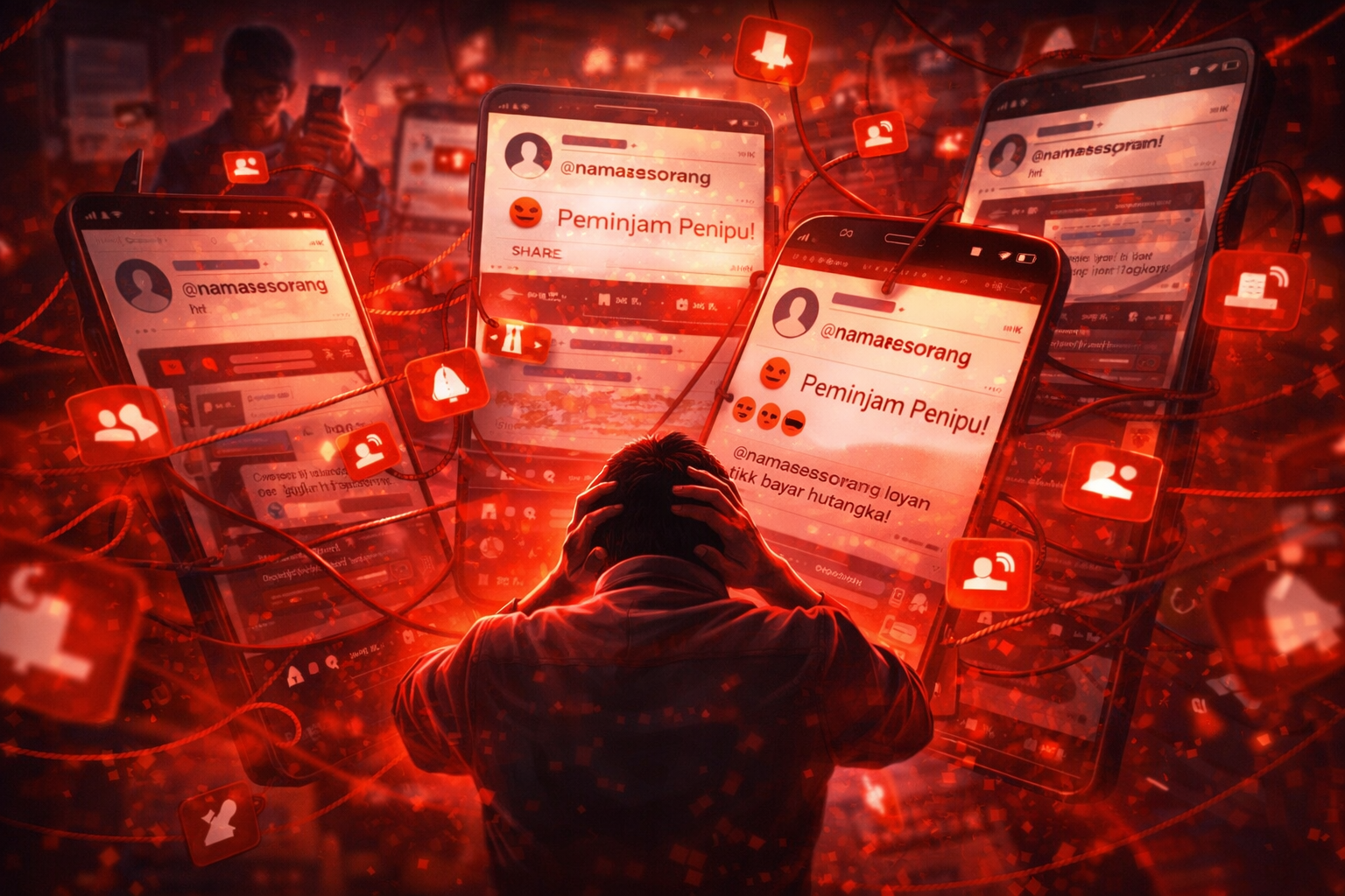ilustrasi postingan publik pinjol ilegal yang menyerang reputasi di media sosial