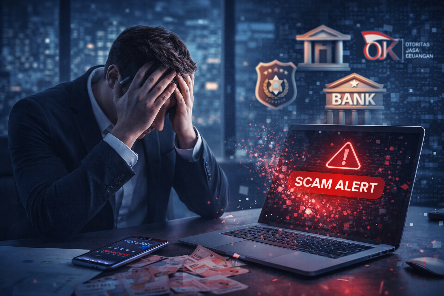 ilustrasi korban penipuan scam kehilangan uang dan tekanan digital