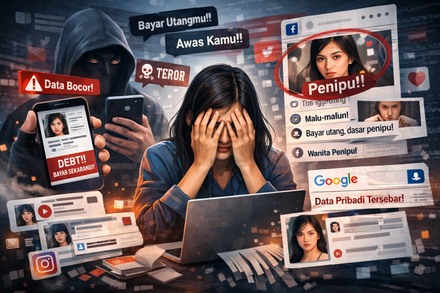 ilustrasi serangan pinjol dan penyebaran data pribadi di internet