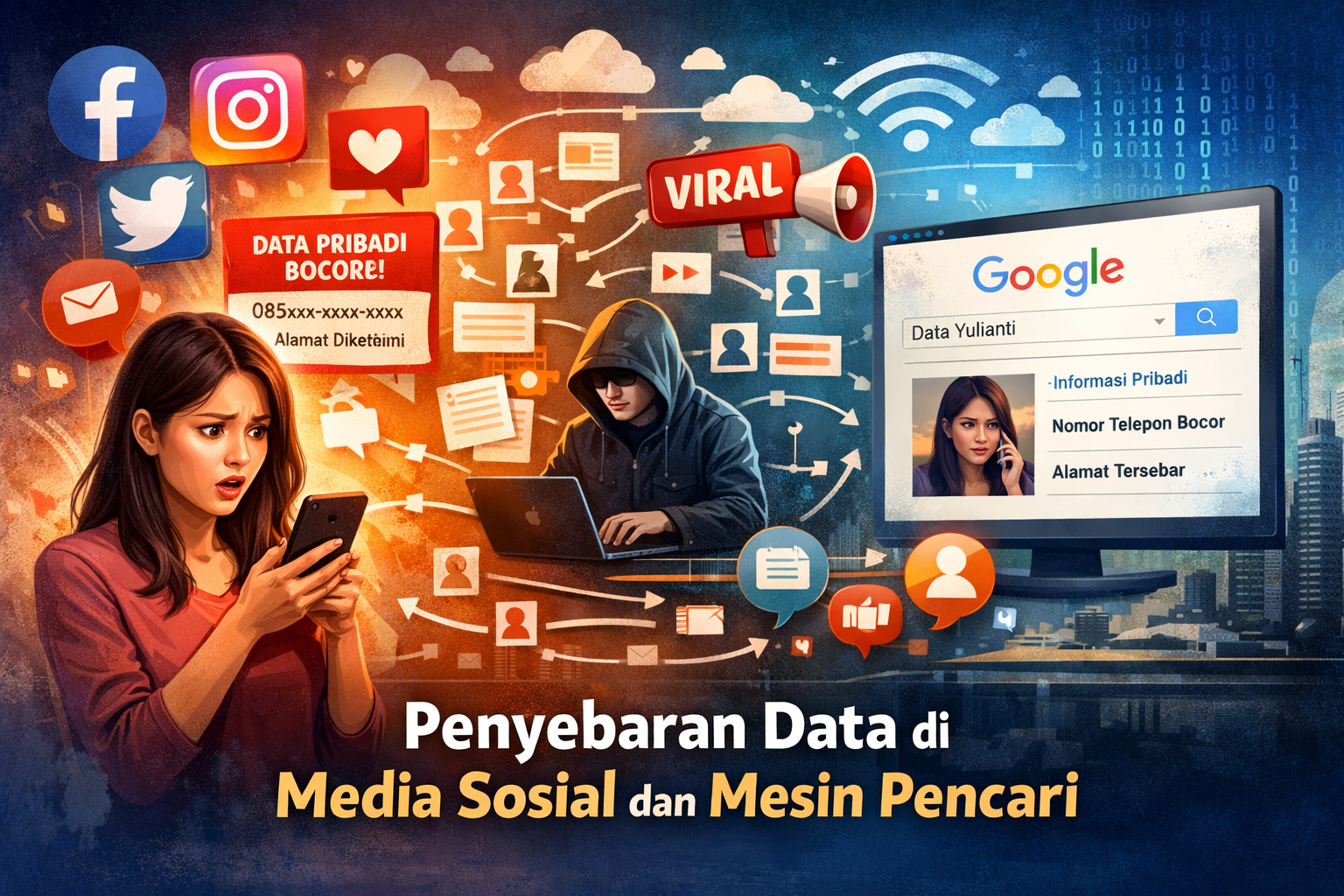 ilustrasi penyebaran data di media sosial dan mesin pencari