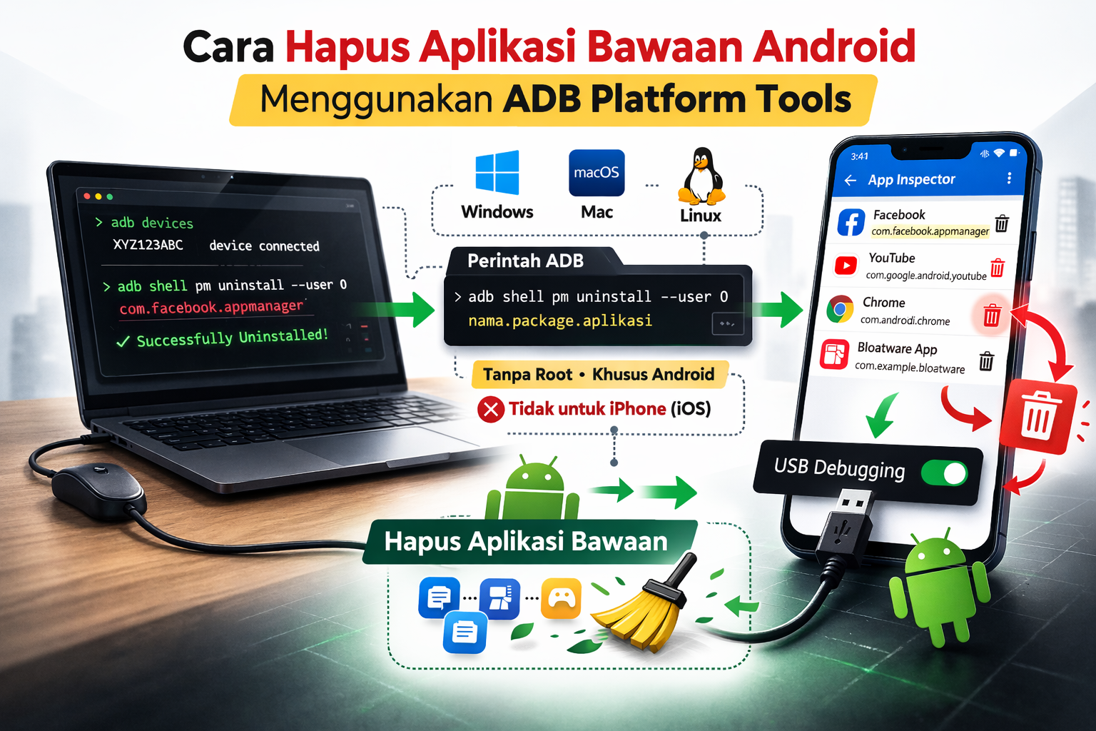 cara hapus aplikasi bawaan android menggunakan adb platform tools