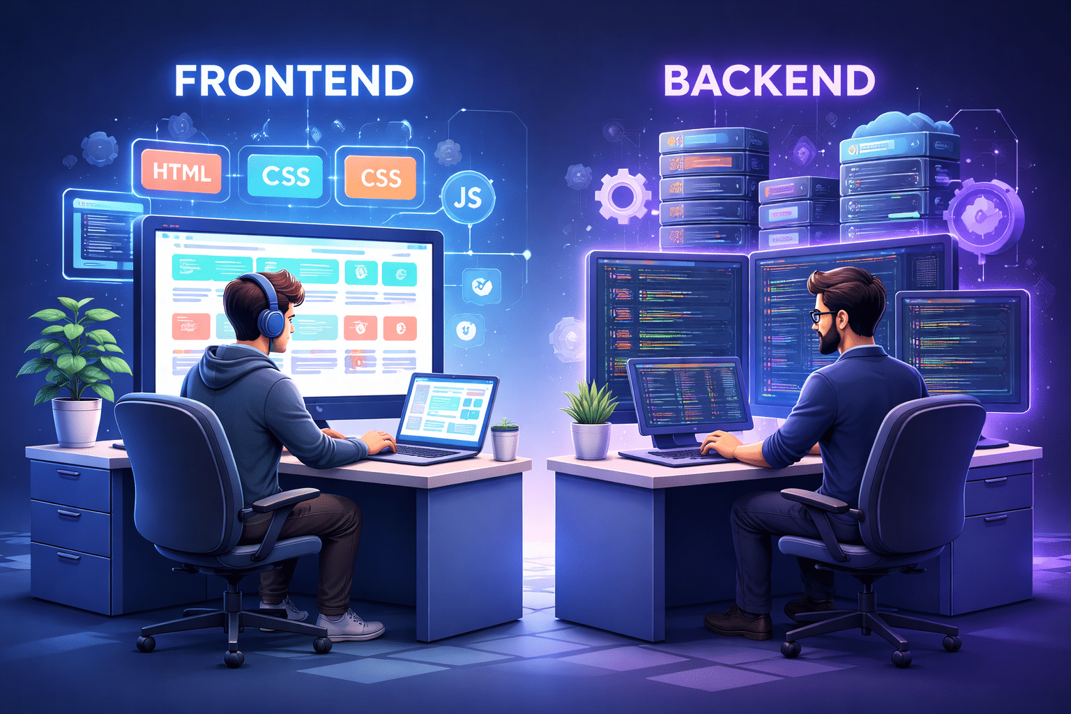 ilustrasi frontend dan backend developer dalam pengembangan website