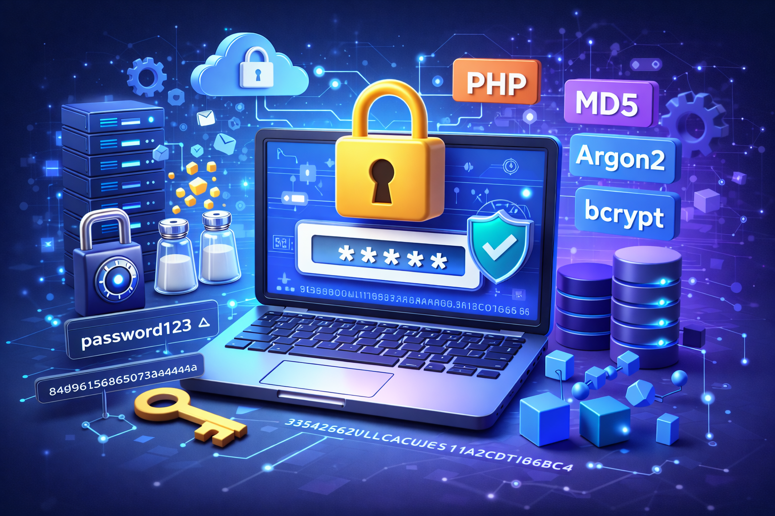 ilustrasi keamanan password hashing dan enkripsi data digital