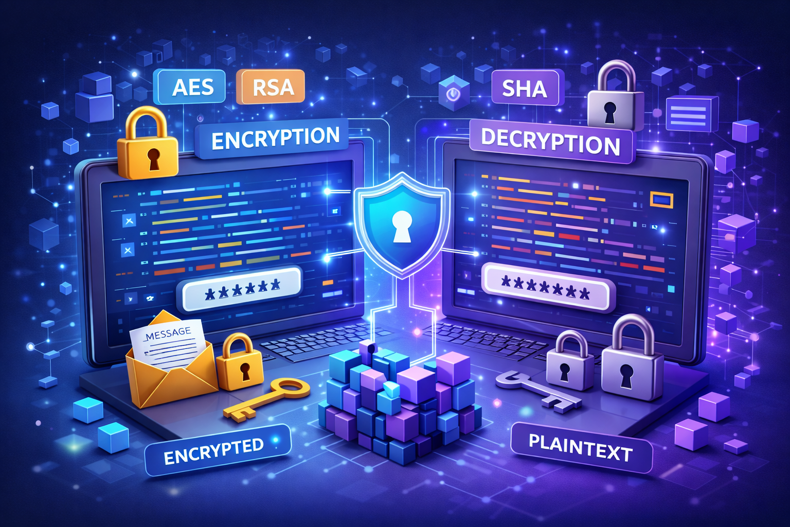 ilustrasi konsep enkripsi dan dekripsi data digital dengan simbol keamanan