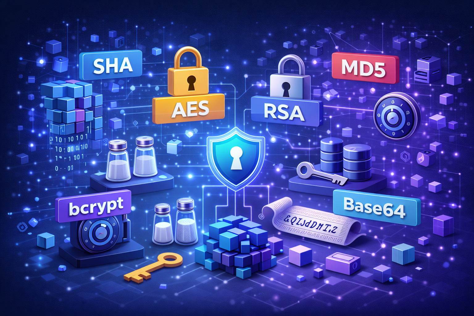 ilustrasi algoritma enkripsi dan hashing seperti sha aes rsa dalam keamanan digital