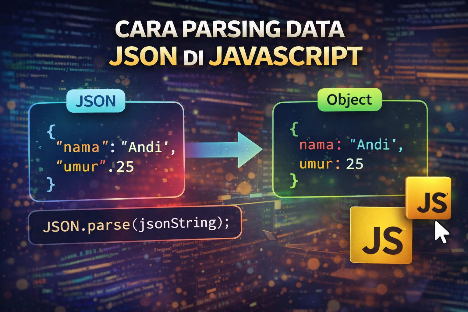 ilustrasi parsing data json di javascript dengan struktur data dan kode pemrograman