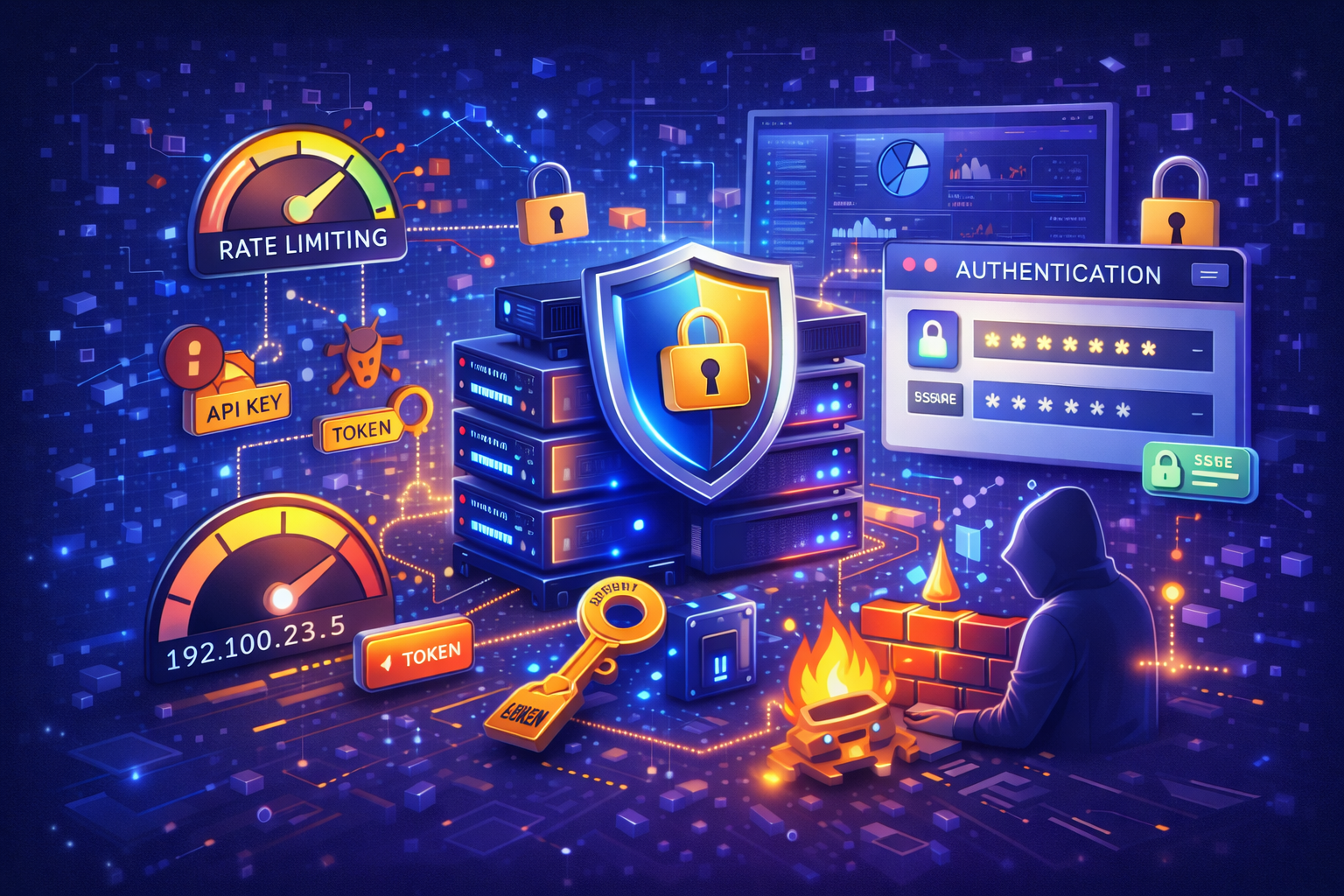 ilustrasi keamanan api dengan proteksi server dan pencegahan abuse traffic berlebih