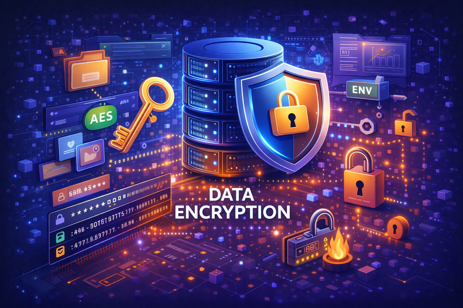 ilustrasi enkripsi data pada database dengan keamanan server dan proteksi data sensitif