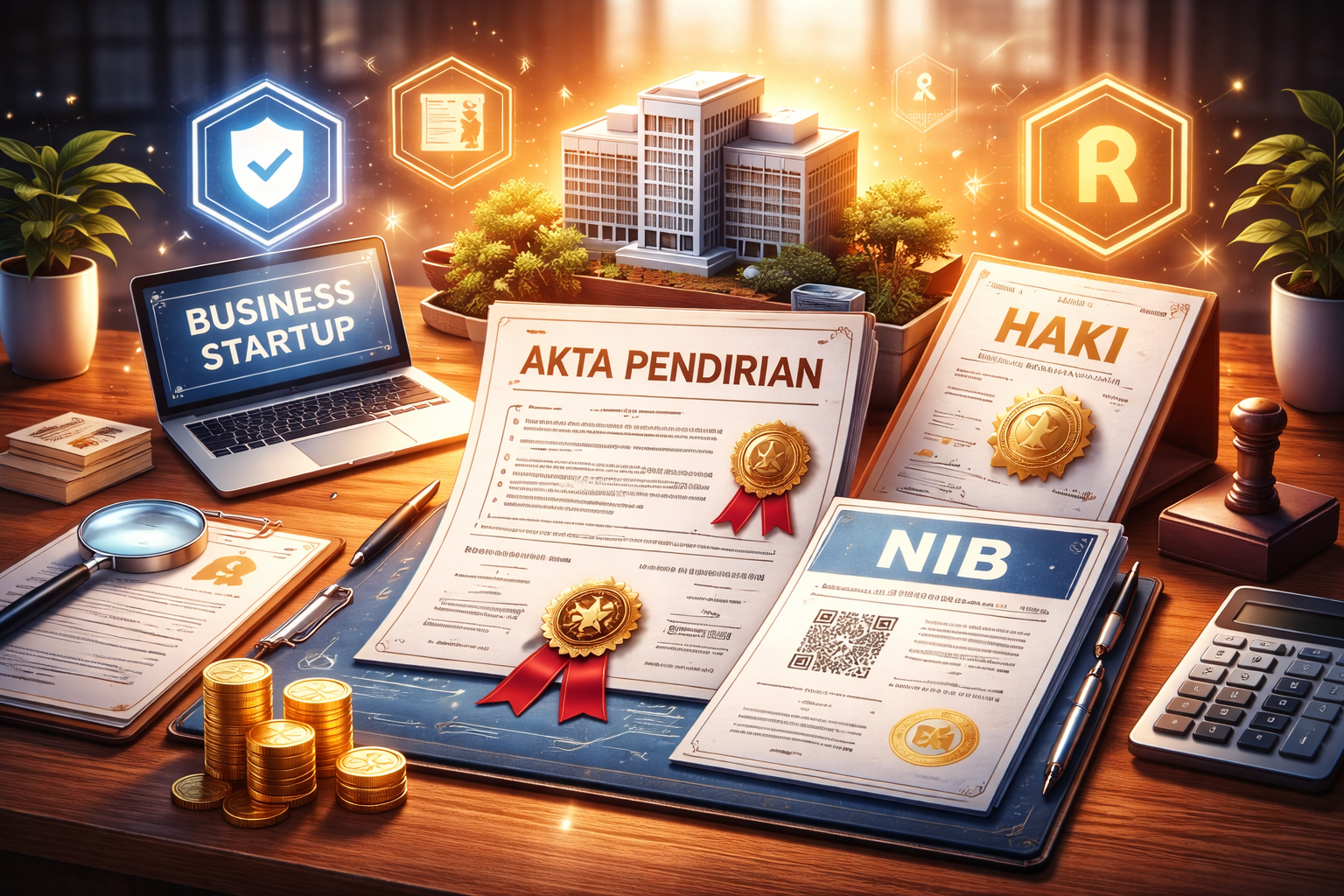 ilustrasi membangun bisnis dari nol hingga legalitas resmi seperti nib dan haki dengan konsep digital profesional