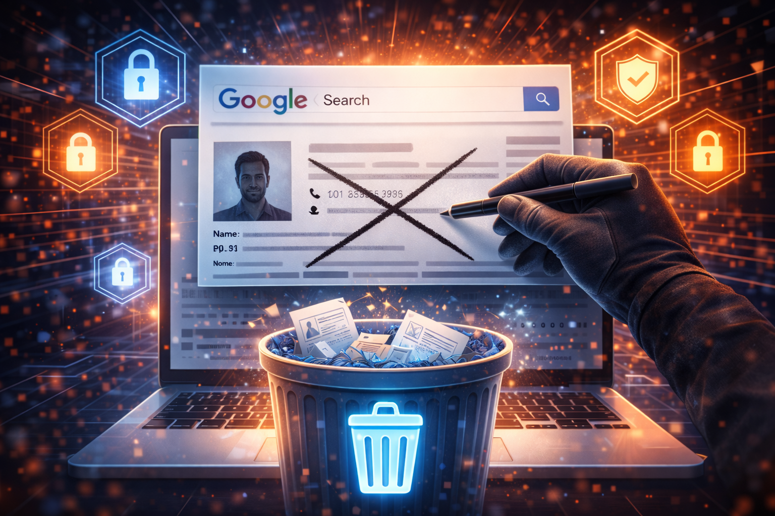 ilustrasi penghapusan data dari google search dengan perlindungan privasi digital dan keamanan informasi