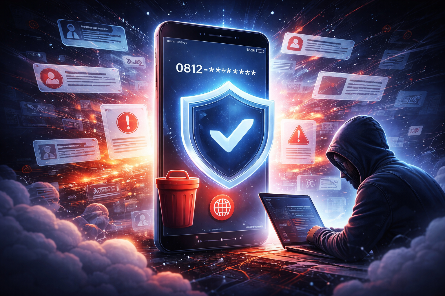 ilustrasi penghapusan nomor telepon dari internet dengan konsep perlindungan privasi dan keamanan data digital