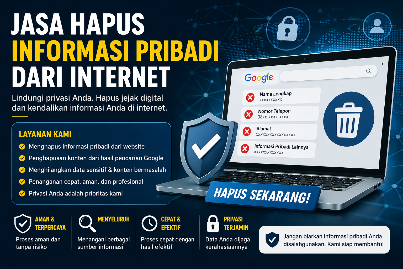ilustrasi penghapusan informasi pribadi dari internet dengan konsep perlindungan privasi dan keamanan data digital