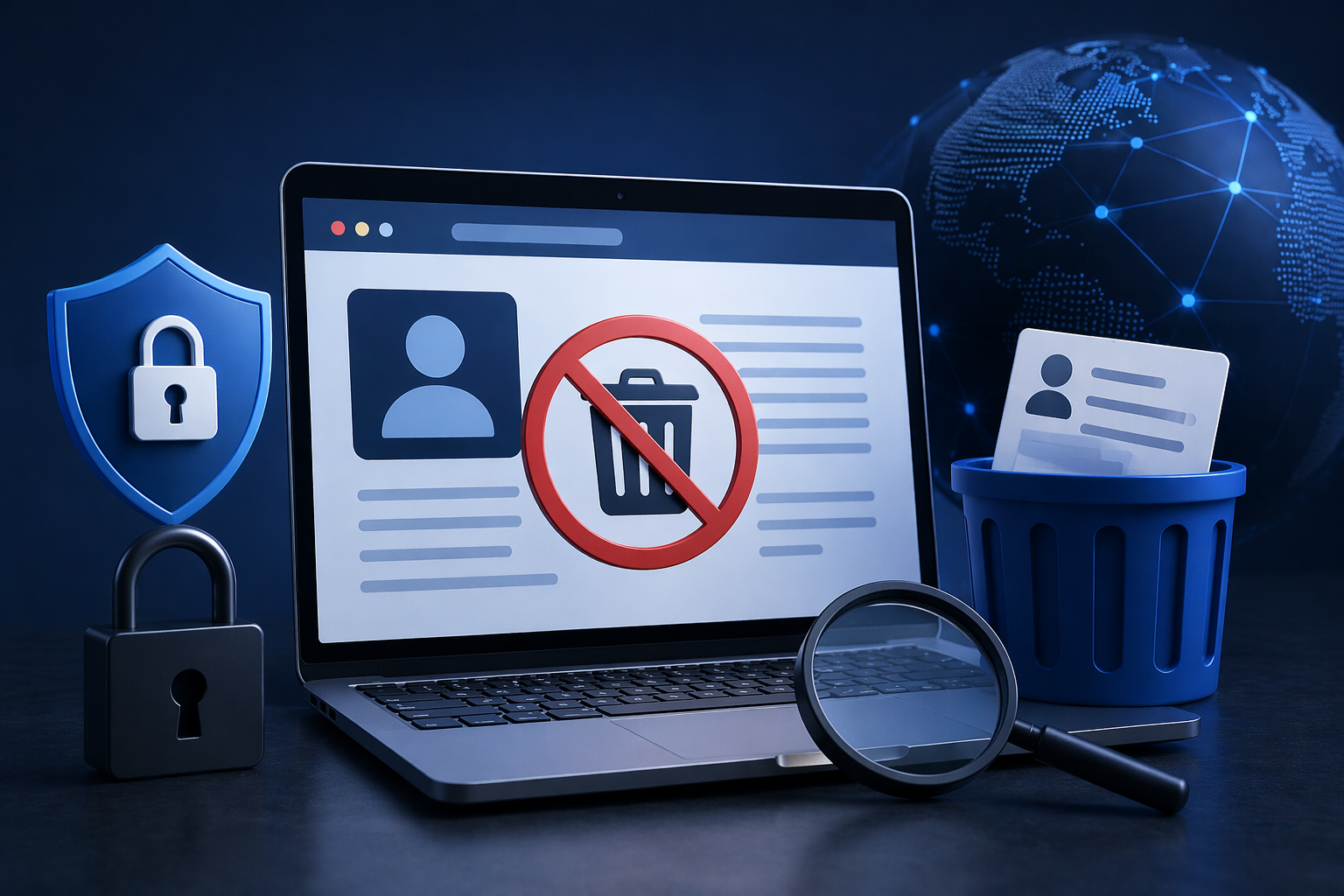 ilustrasi penghapusan data dari website tidak resmi dengan konsep perlindungan privasi dan kontrol informasi digital