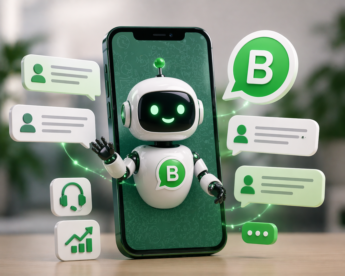 ilustrasi ai agent pada whatsapp business untuk otomatisasi balasan pelanggan dengan teknologi kecerdasan buatan