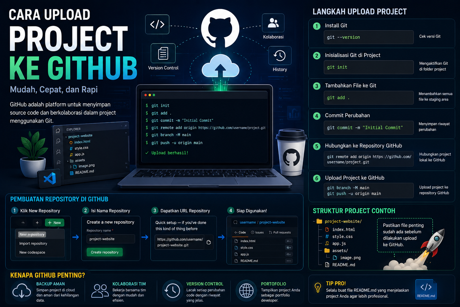 ilustrasi cara upload project ke github menggunakan git dan visual studio code
