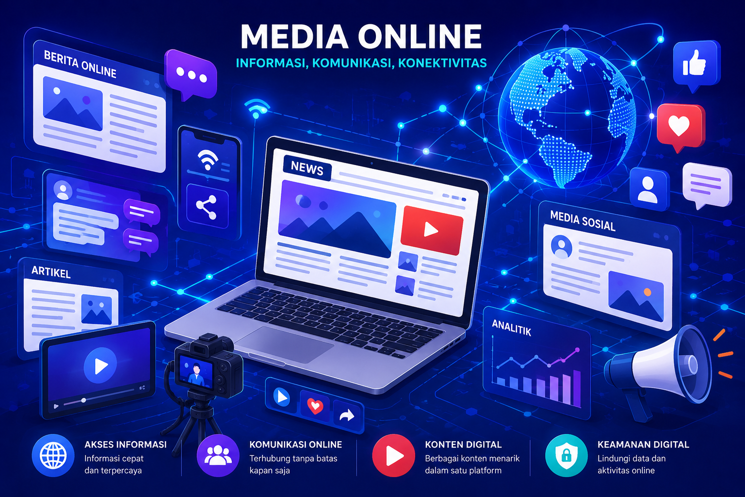 Visual komunikasi digital dan aktivitas media online dengan elemen ilustrasi internet