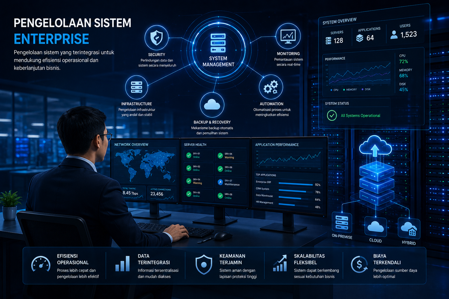 Visual pengelolaan sistem enterprise dengan jaringan server dan dashboard teknologi digital