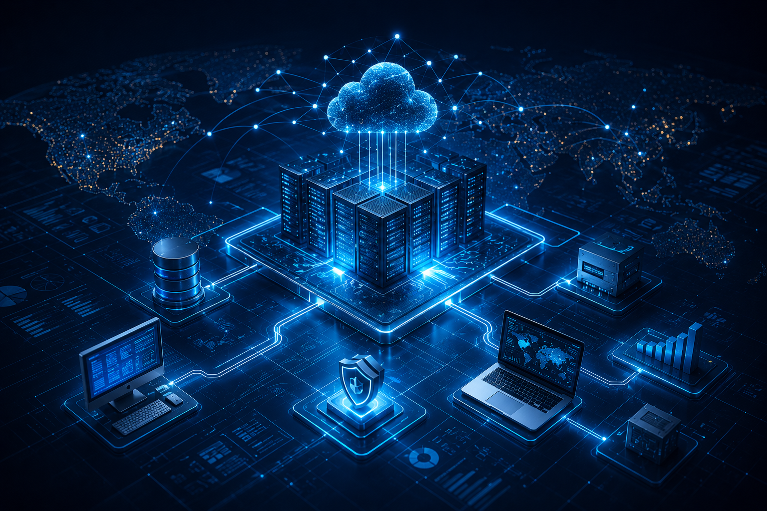 Visual infrastruktur digital enterprise dengan nuansa teknologi dan sistem jaringan