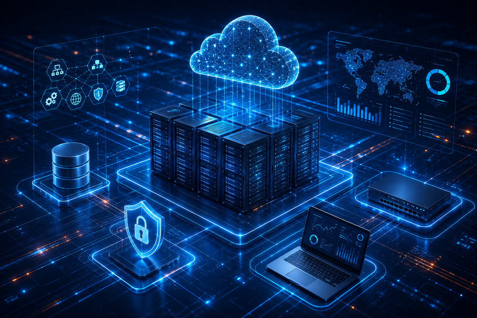 Visual jaringan teknologi enterprise dengan sistem infrastruktur digital