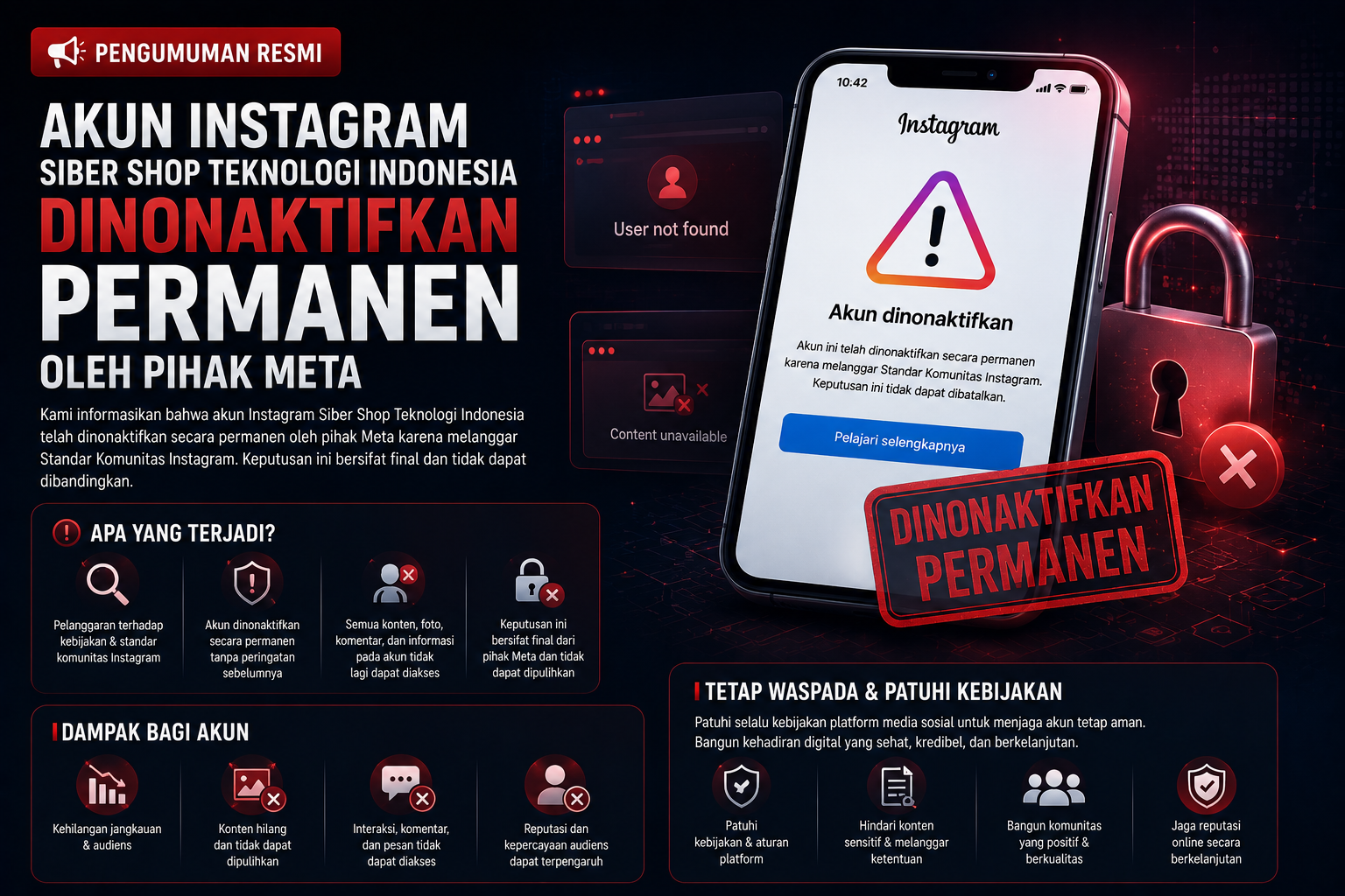 pengumuman resmi siber shop teknologi instagram dinonaktifkan meta