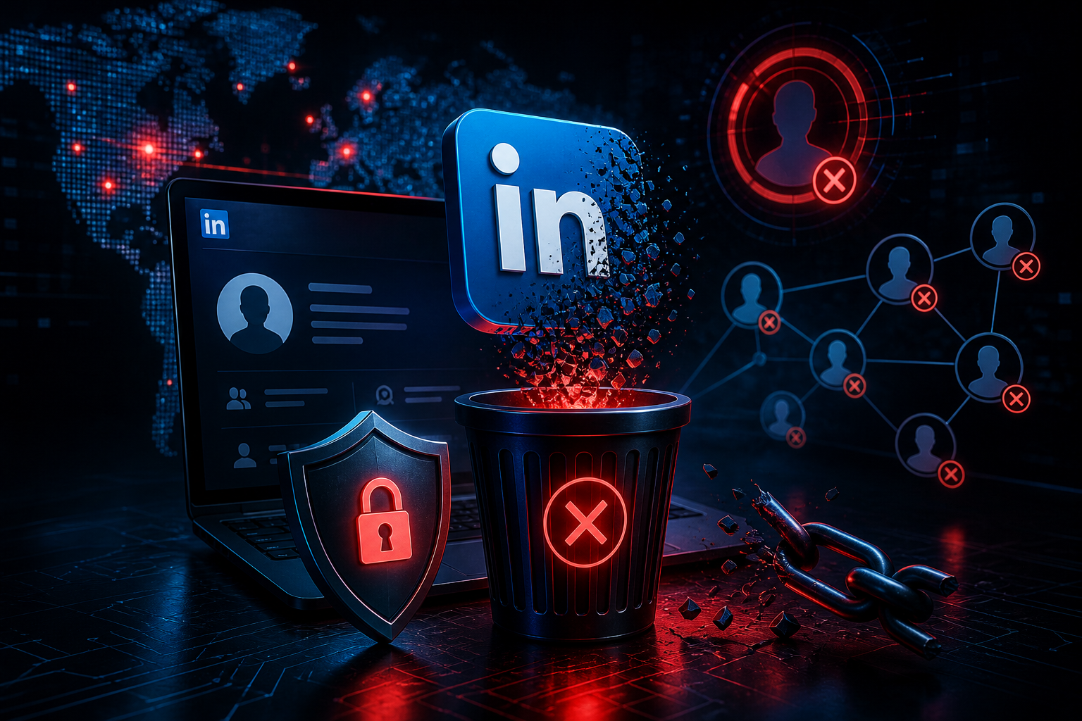 ilustrasi penghapusan akun linkedin dengan konsep privasi profesional dan keamanan identitas digital