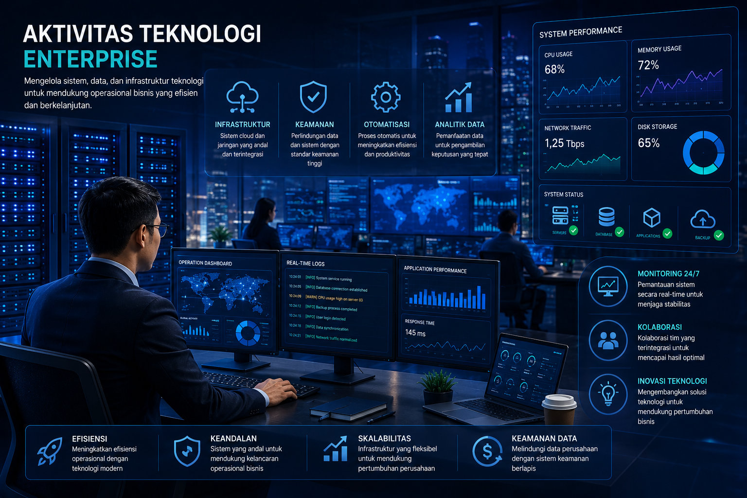 Visual aktivitas teknologi enterprise dengan server digital dan jaringan sistem terintegrasi