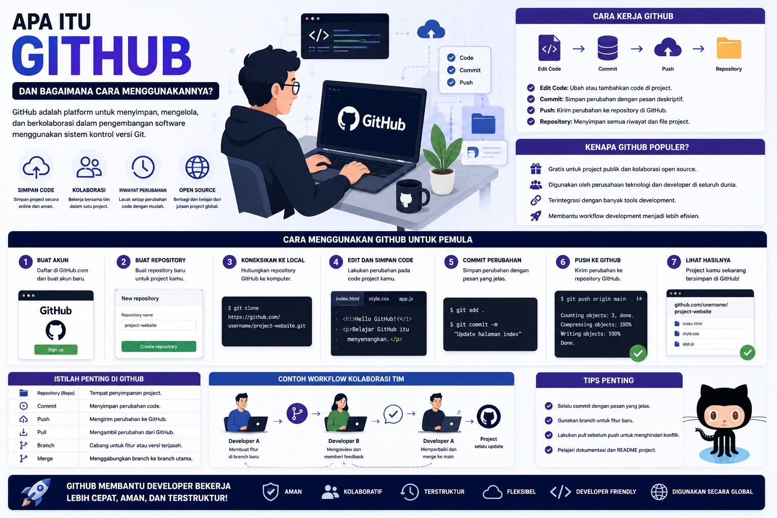 ilustrasi github dan cara kerja platform repository coding untuk developer