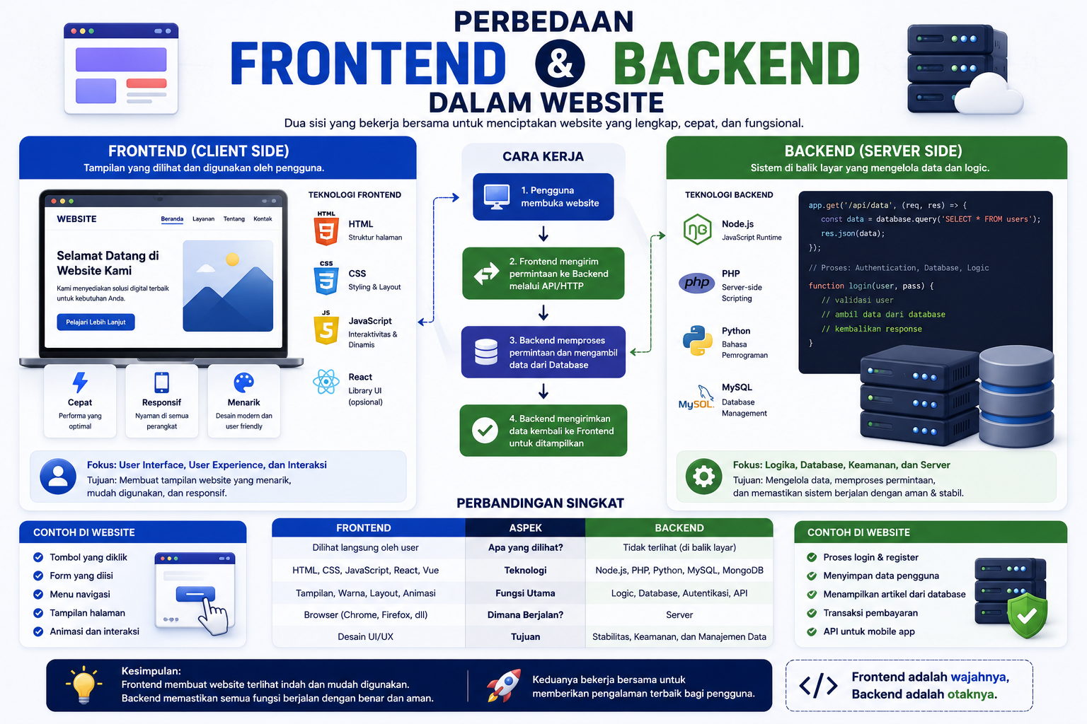 ilustrasi perbedaan frontend dan backend dalam pengembangan website