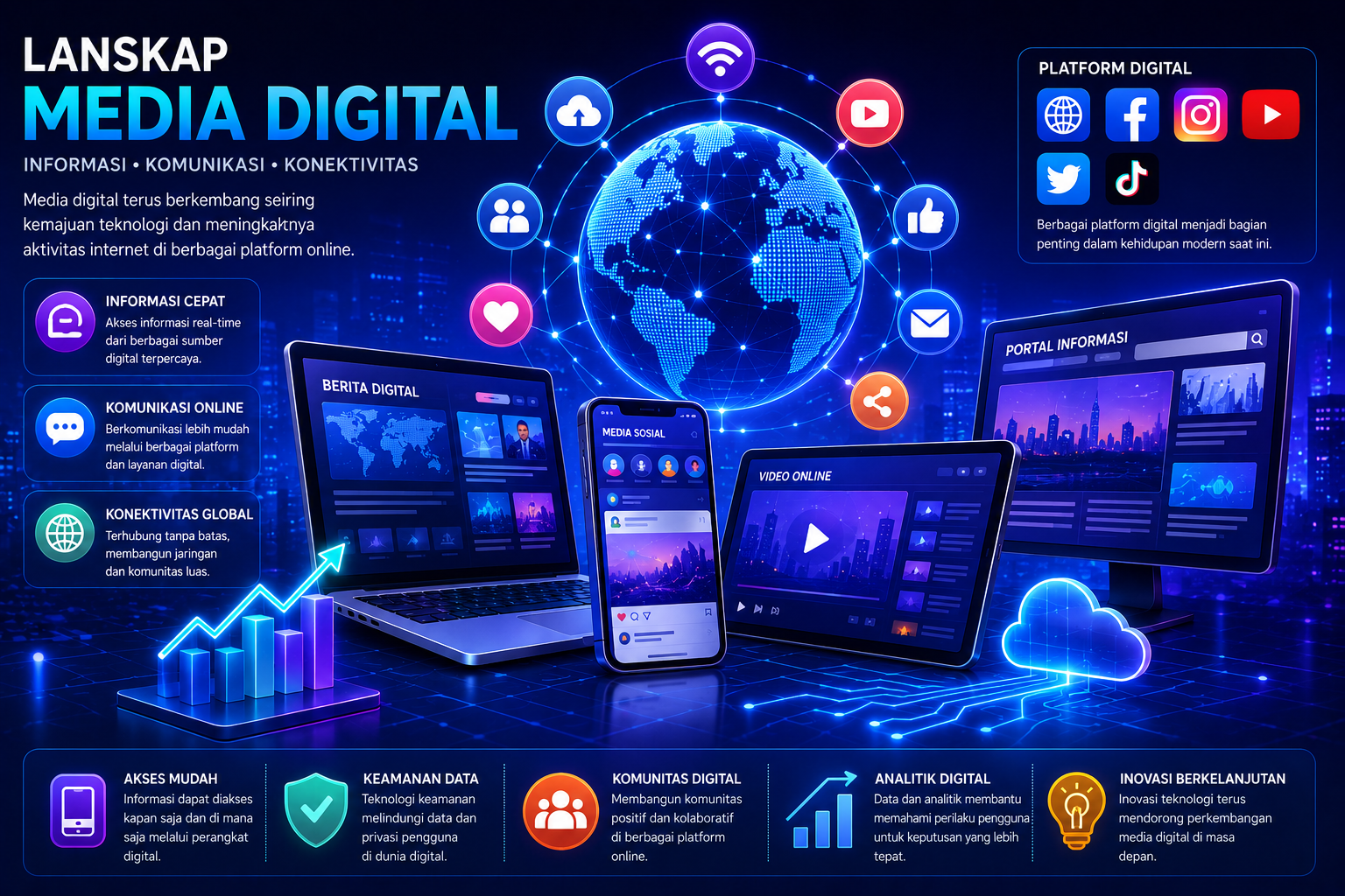 Ilustrasi lanskap media digital dengan jaringan informasi dan aktivitas internet