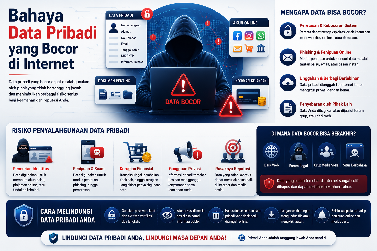ilustrasi bahaya data pribadi bocor di internet dan risiko penyalahgunaan identitas digital