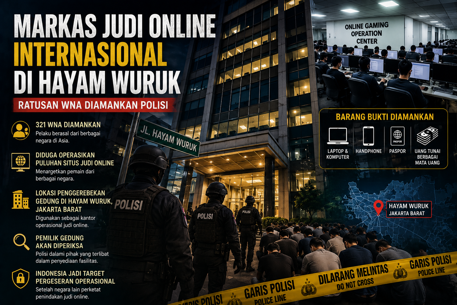ilustrasi penggerebekan markas judi online internasional di gedung perkantoran