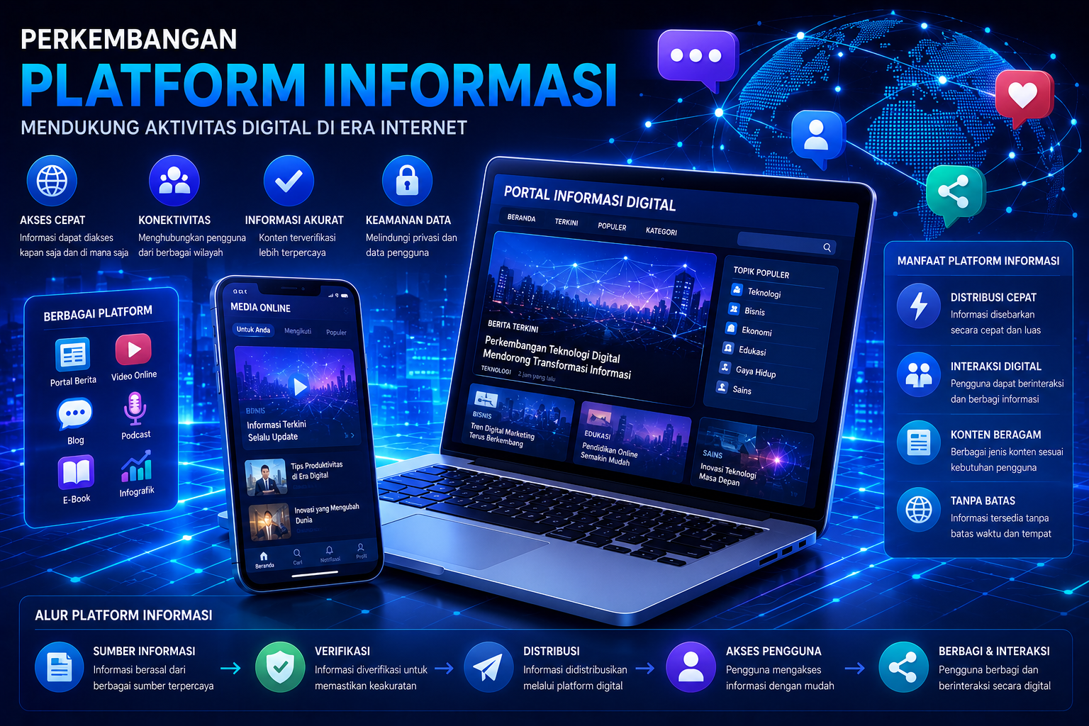 Ilustrasi platform informasi digital dengan jaringan internet dan tampilan media online