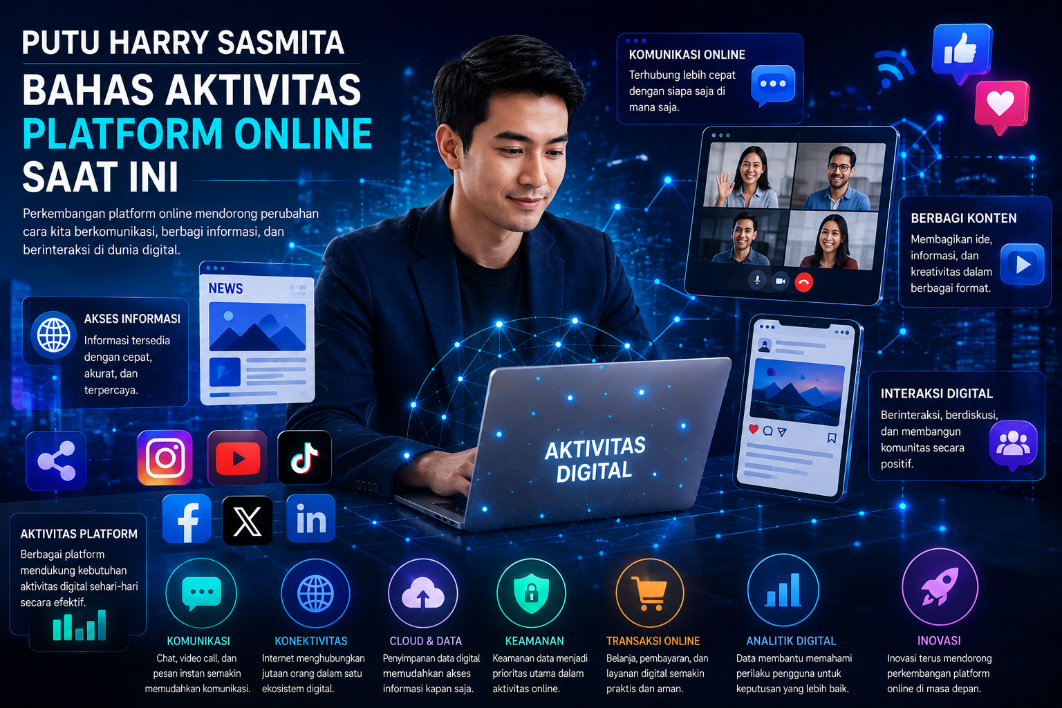 Ilustrasi aktivitas platform online dengan jaringan komunikasi digital dan konektivitas internet