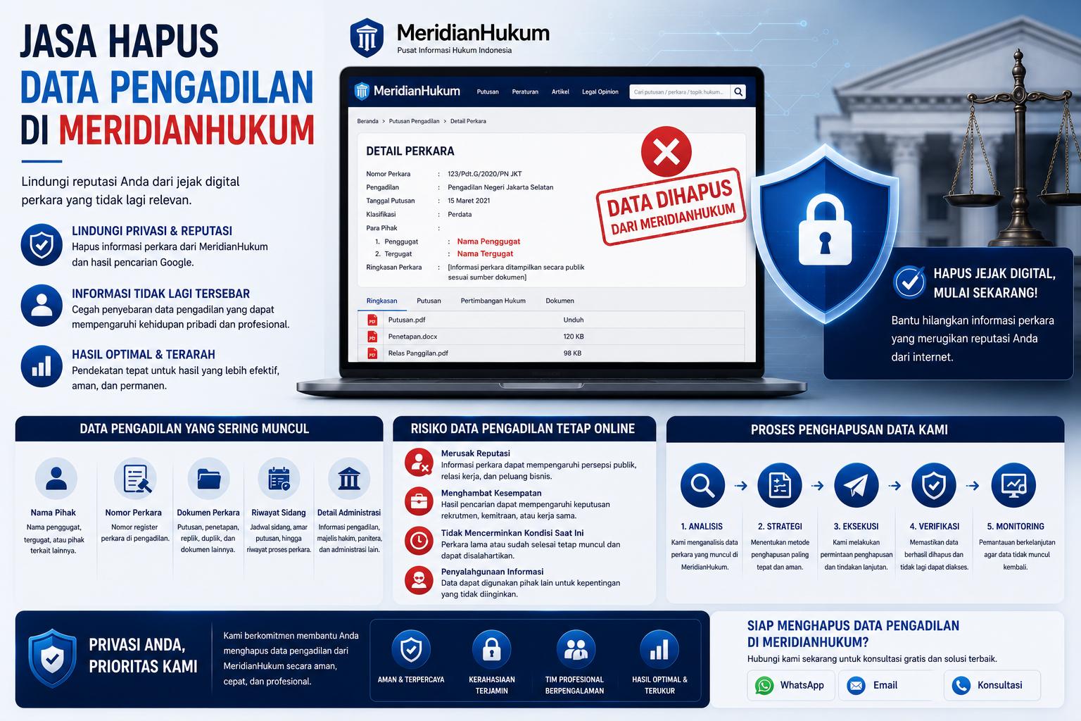ilustrasi penghapusan data pengadilan dari situs hukum dan perlindungan reputasi digital