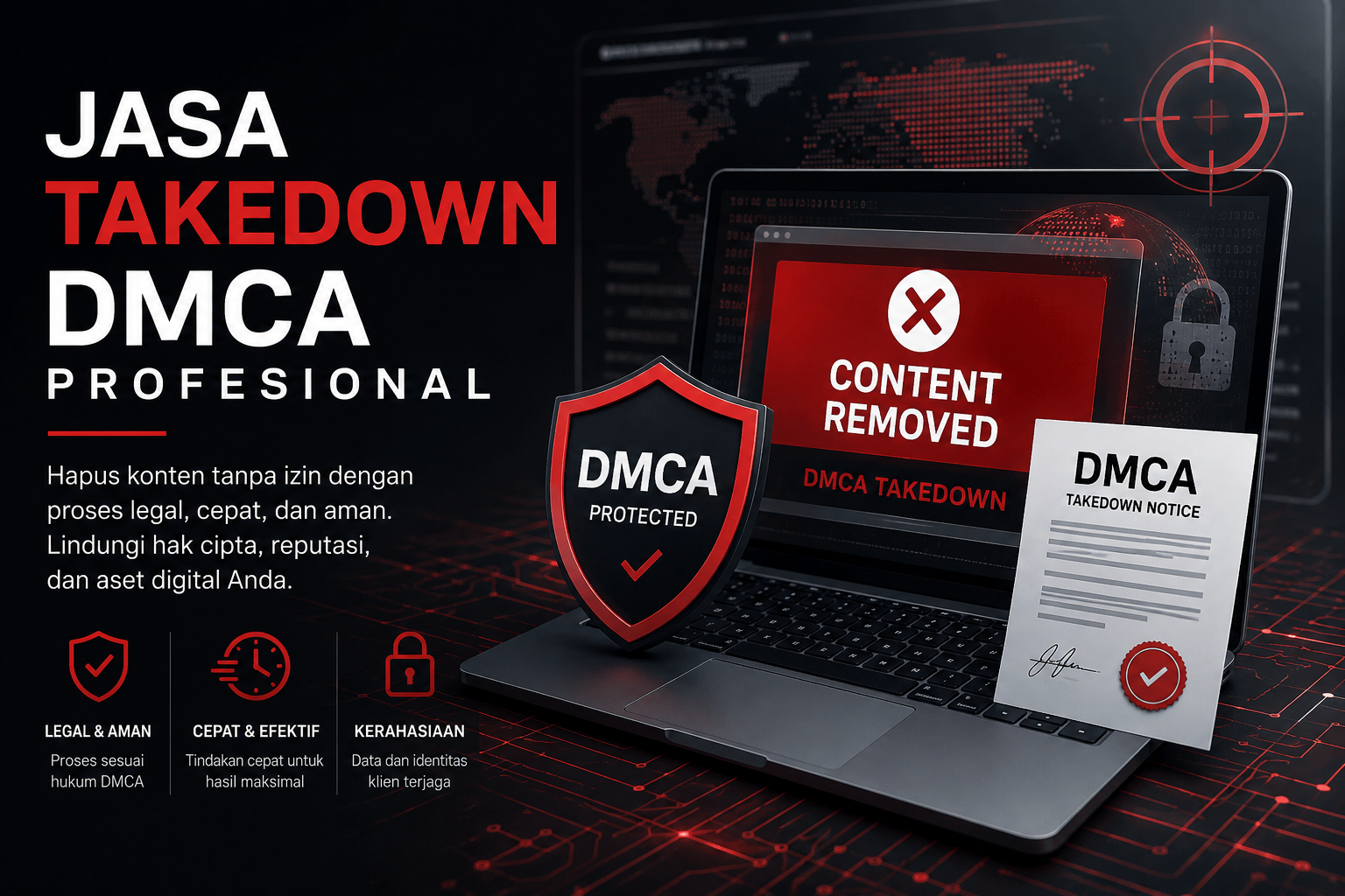 ilustrasi takedown dmca profesional dan penghapusan konten digital
