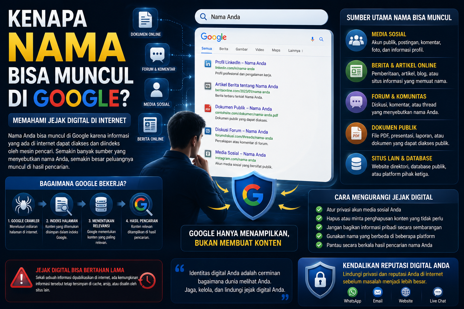 ilustrasi nama muncul di pencarian google dan jejak digital di internet