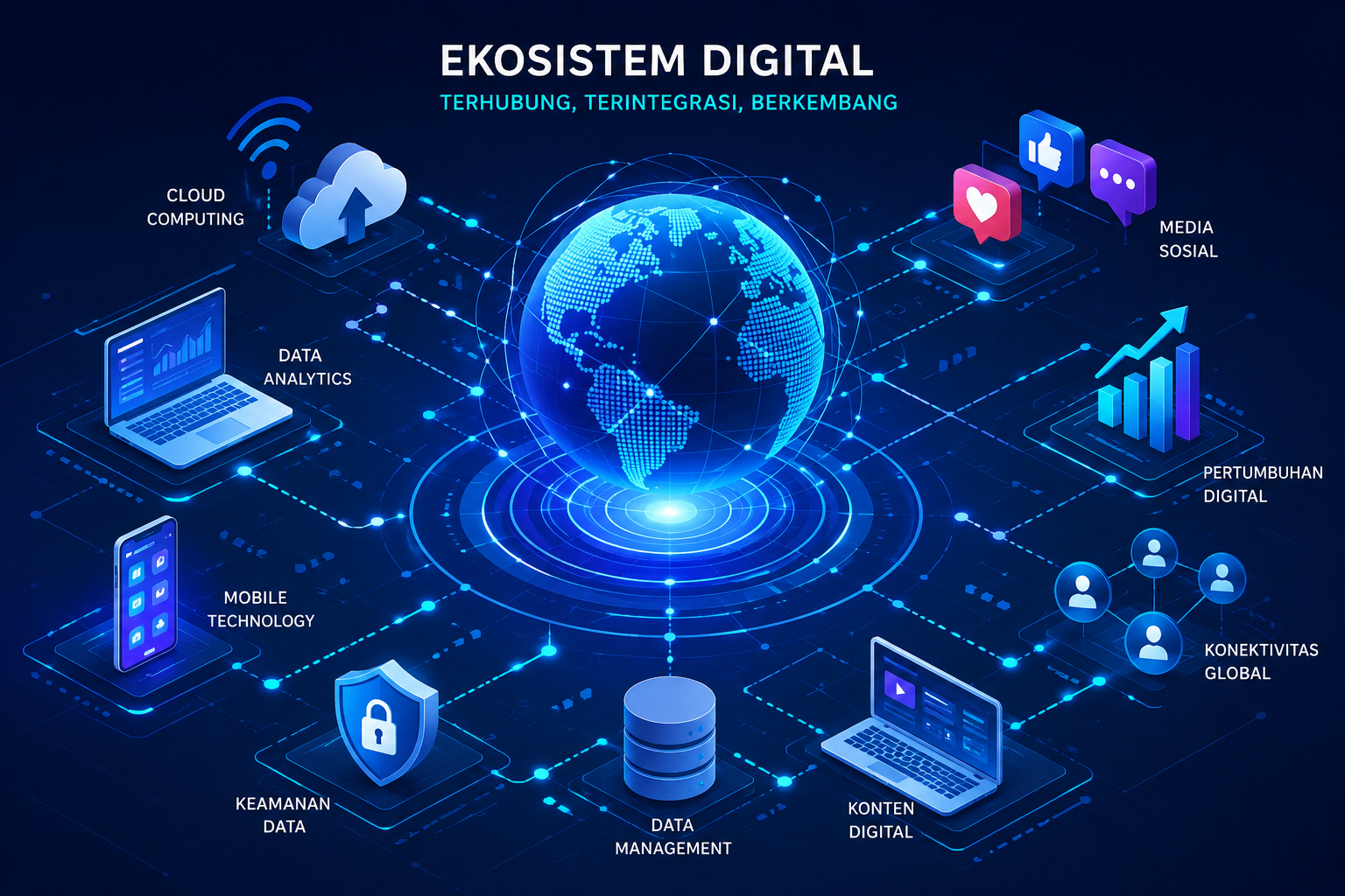 Visual ekosistem digital dengan jaringan data dan aktivitas online modern
