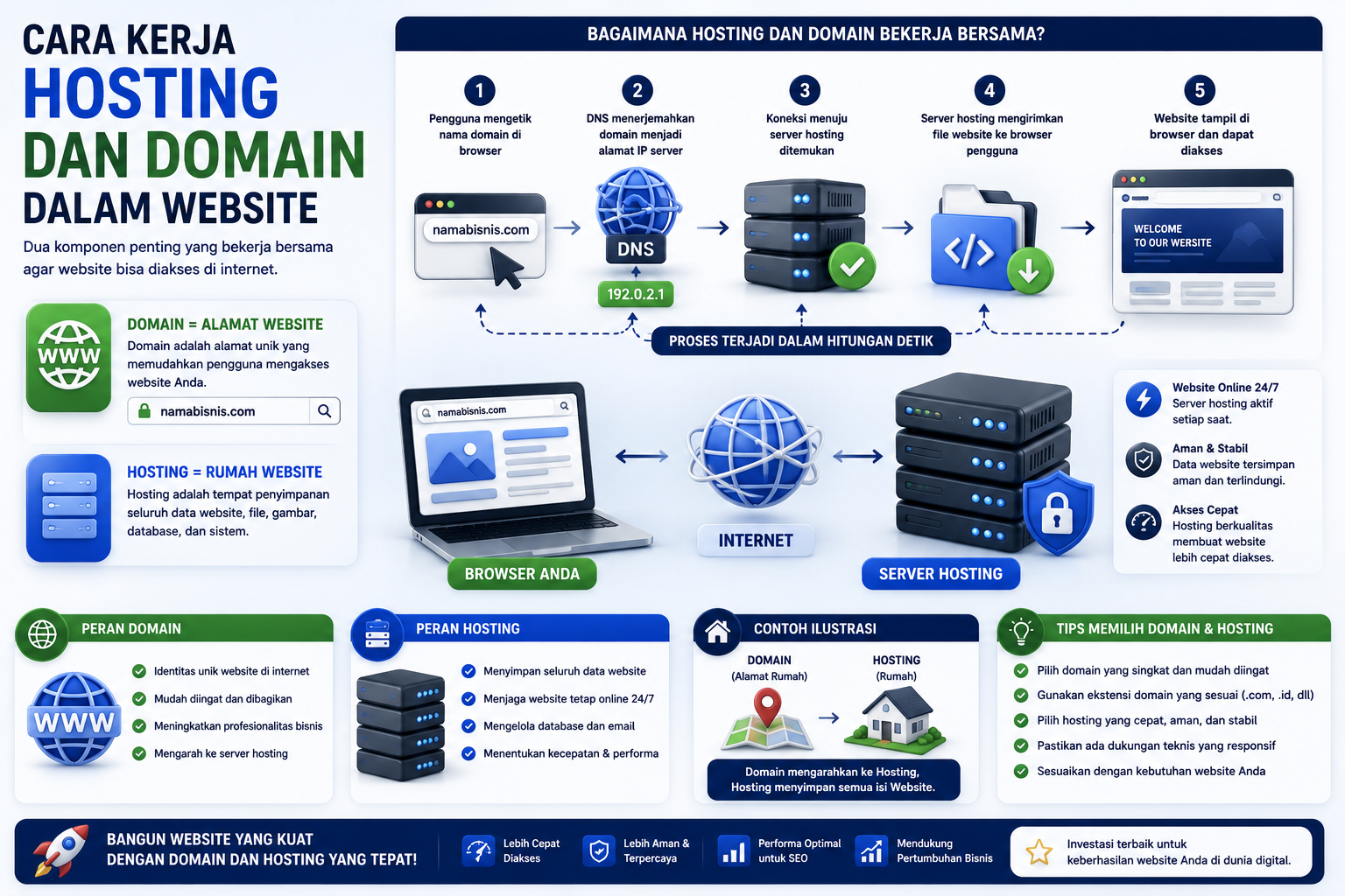 ilustrasi cara kerja hosting dan domain dalam website modern