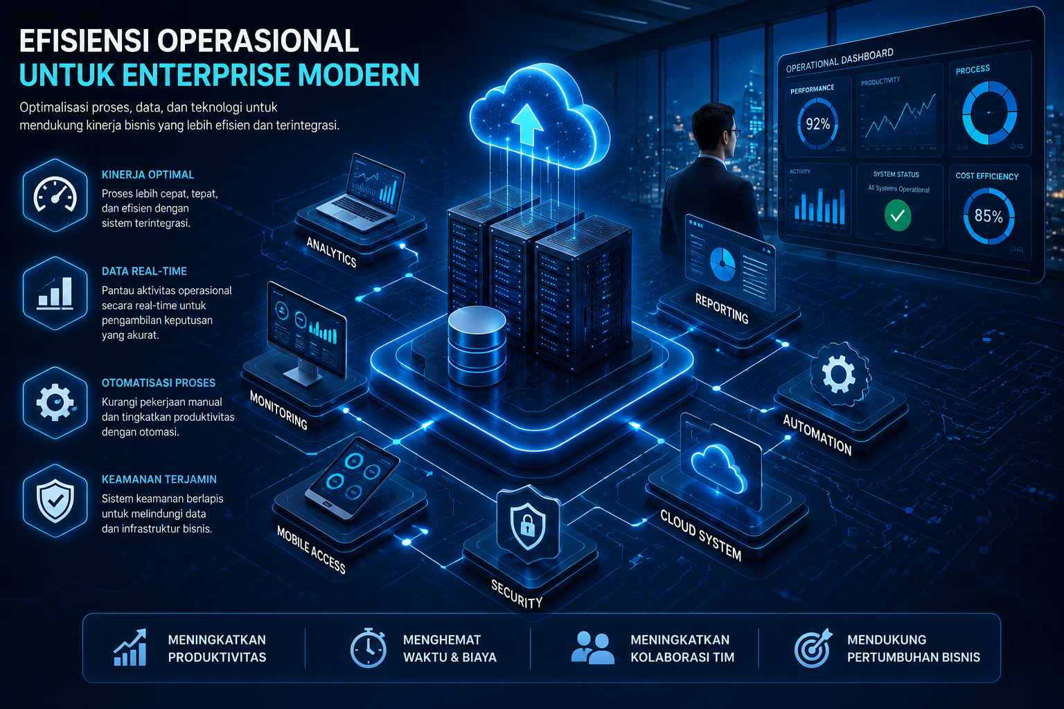 Visual sistem operasional digital enterprise dengan jaringan teknologi dan dashboard data