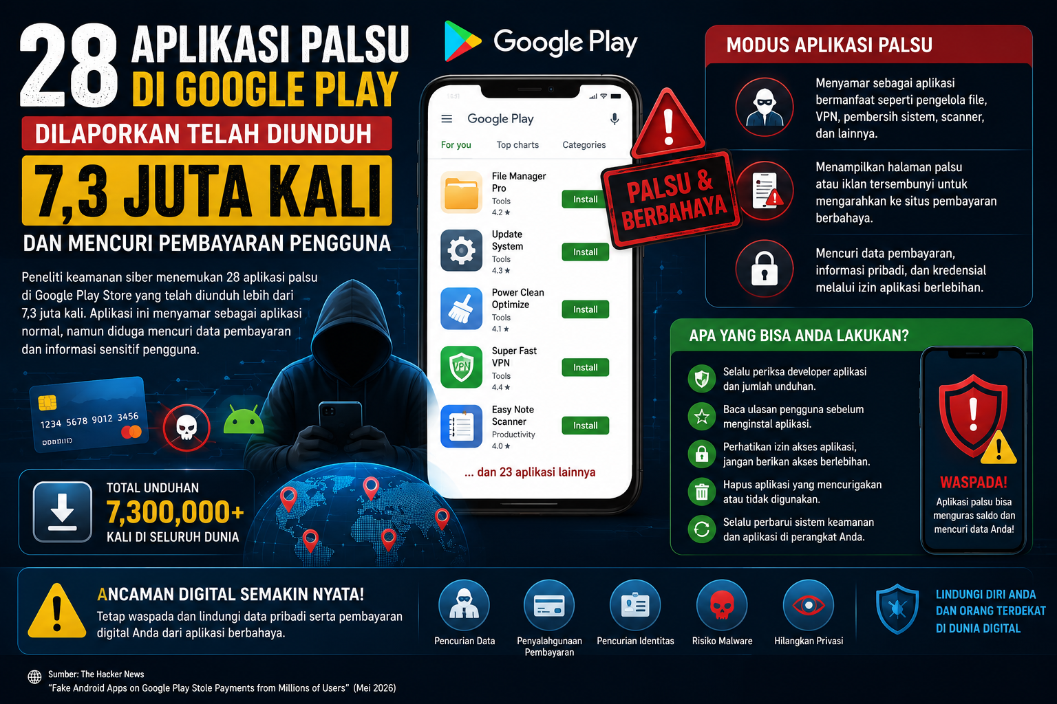 ilustrasi aplikasi android palsu di google play dan ancaman pencurian data pembayaran pengguna