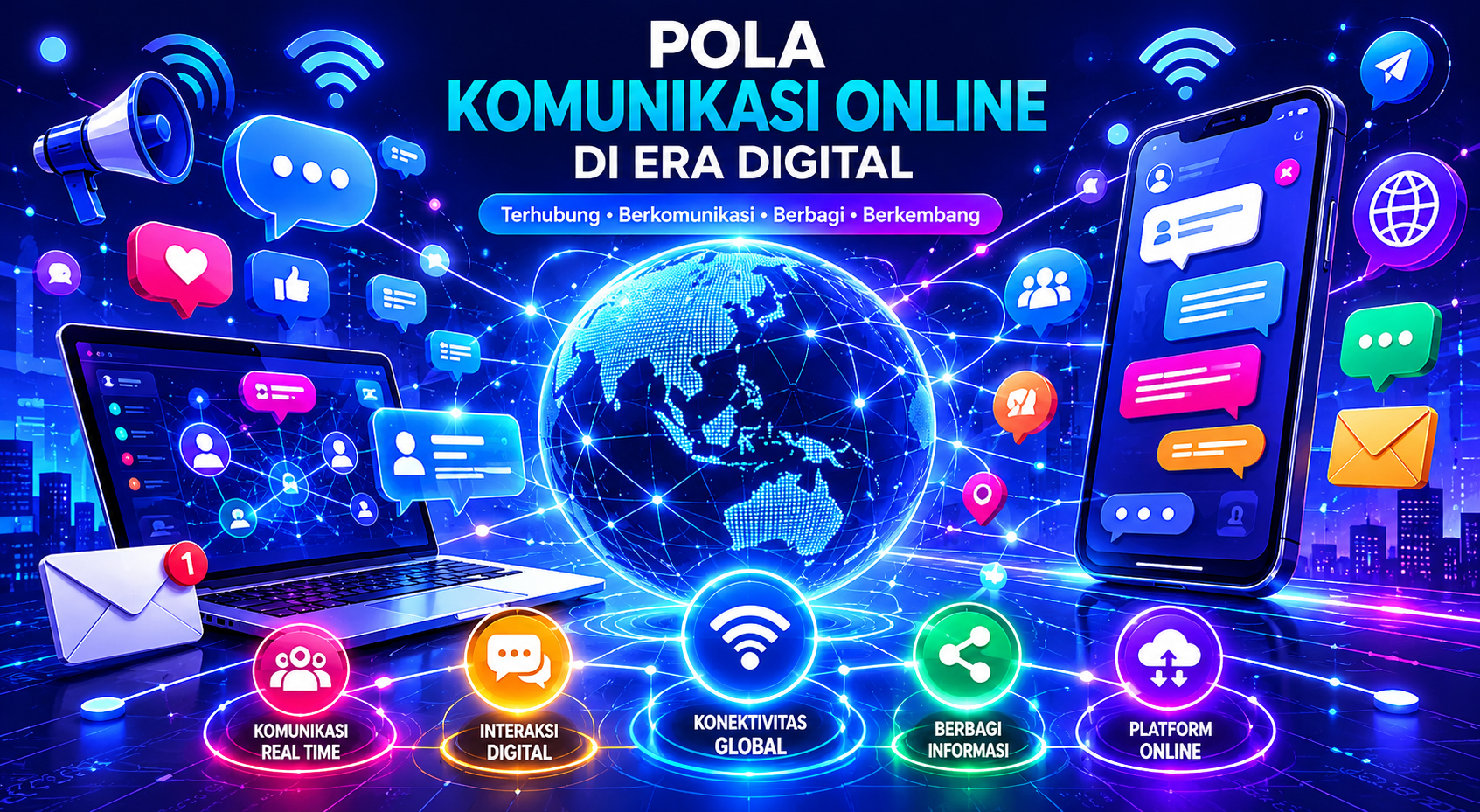 Ilustrasi pola komunikasi online dengan jaringan digital dan konektivitas internet