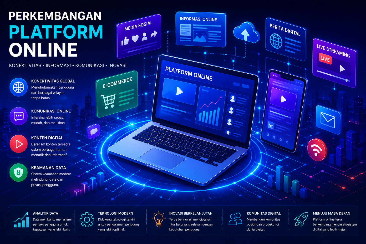 Ilustrasi perkembangan platform online dengan konektivitas digital dan jaringan internet