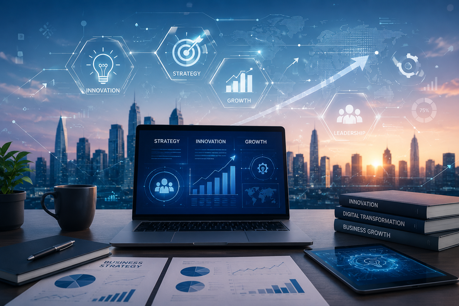 Ilustrasi strategi bisnis dan inovasi digital Putu Harry Sasmita dengan konsep profesional dan teknologi modern