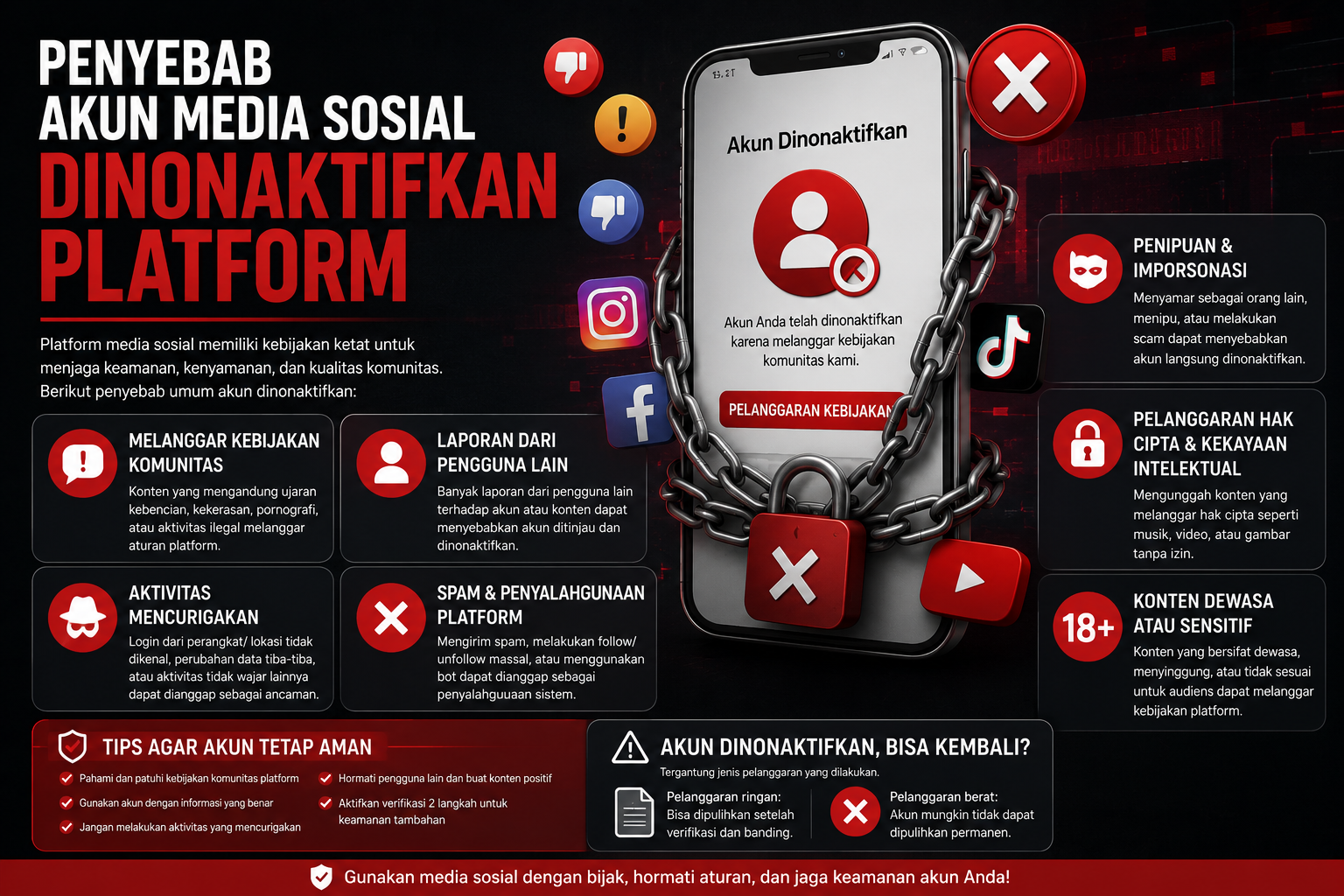 penyebab akun media sosial dinonaktifkan platform