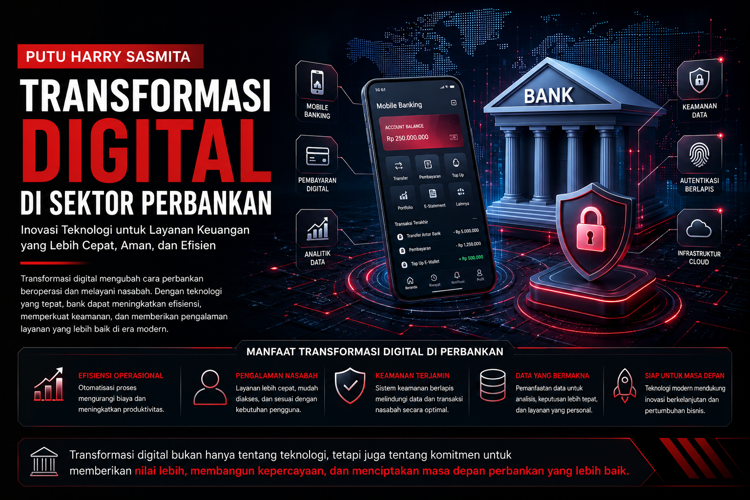 Ilustrasi transformasi digital di sektor perbankan dengan konsep keamanan data dan teknologi finansial